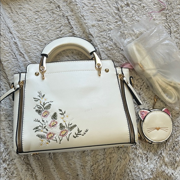 Handbags - Cream Floral Embroidered Structured Satchel Crossbody Bag Cat Coin Purse Charm